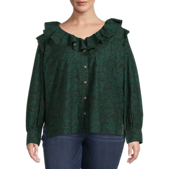 🦋 Terra and Sky Emerald Green Ruffle Button Down Blouse 1X - Picture 1 of 7